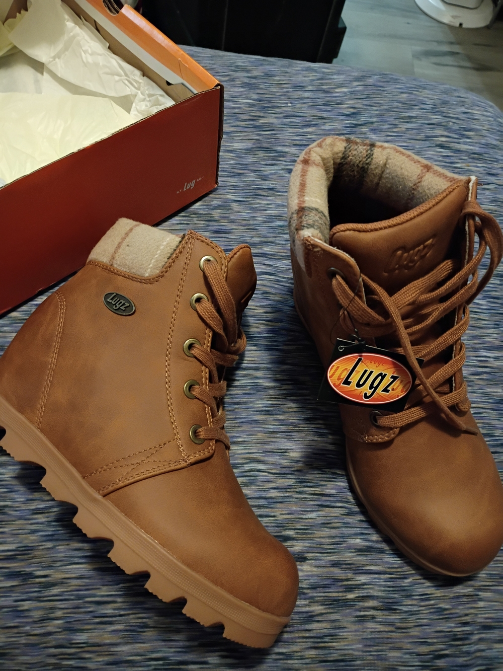 Lugz Women Wedge Boots in cashew colorway with a plaid-lined Collar